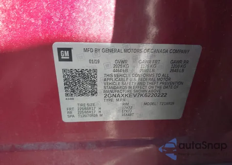 2019 Chevrolet Equinox Lt из США, поврежденный, VIN 2GNAXKEV7K6220222